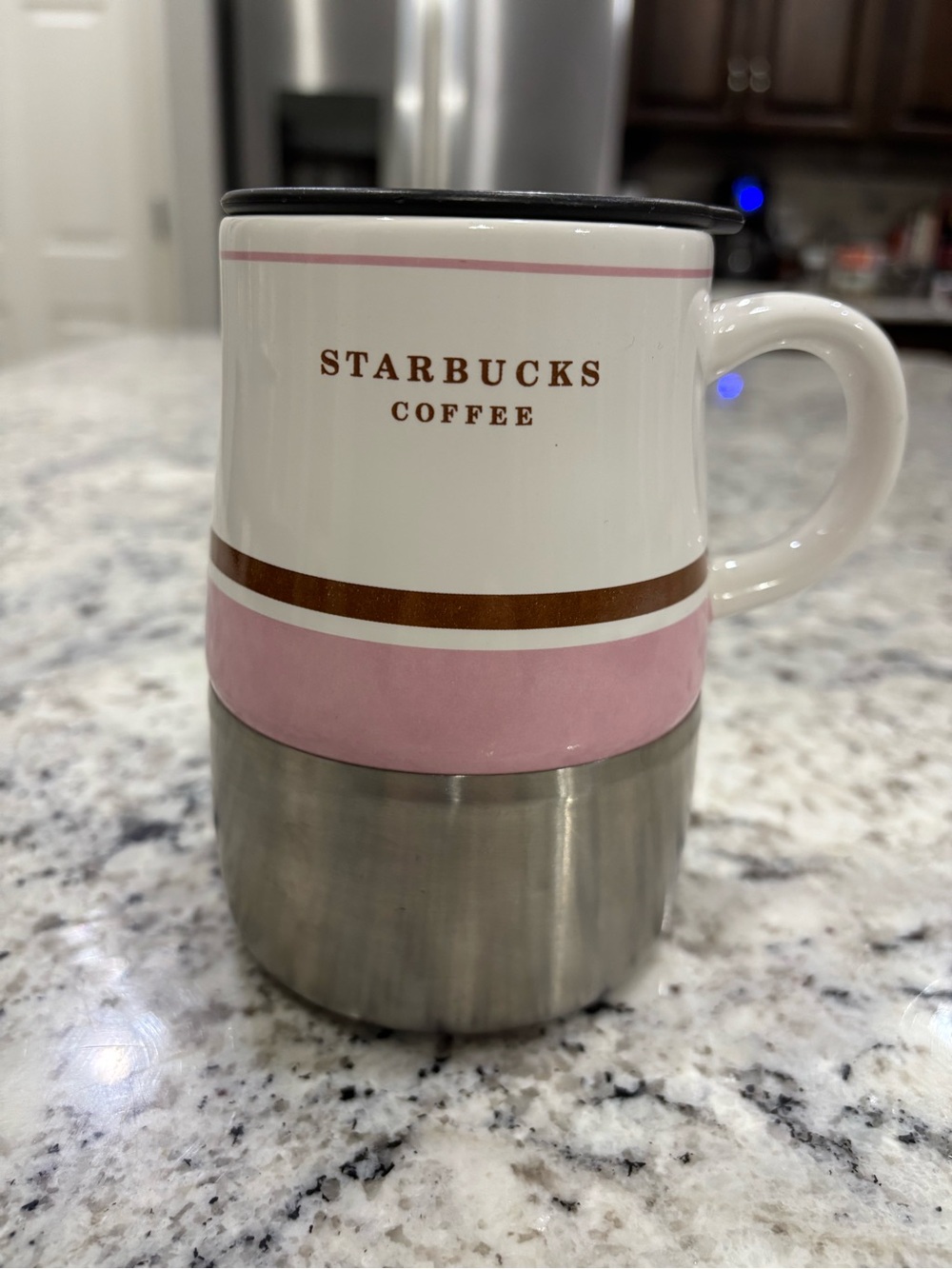 Starbucks Coffee Mug 2006 Ceramic Stainless Steel Pink Stripes 14 oz Non Slip